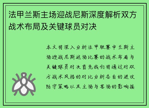 法甲兰斯主场迎战尼斯深度解析双方战术布局及关键球员对决